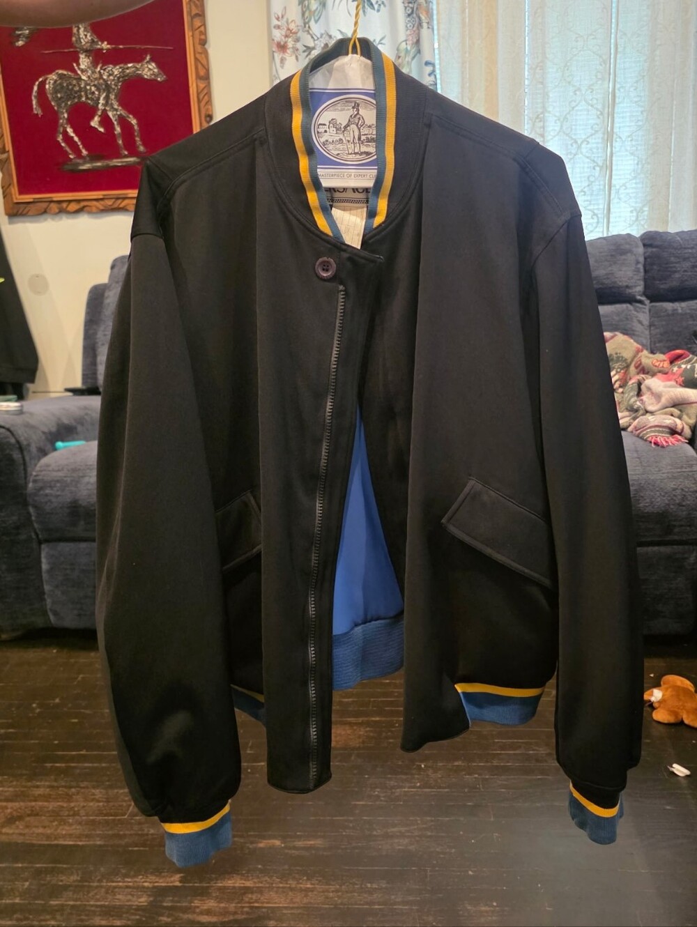 Versace Katacana Japan Black Bomber Jacket with Blue & Yellow Accents
